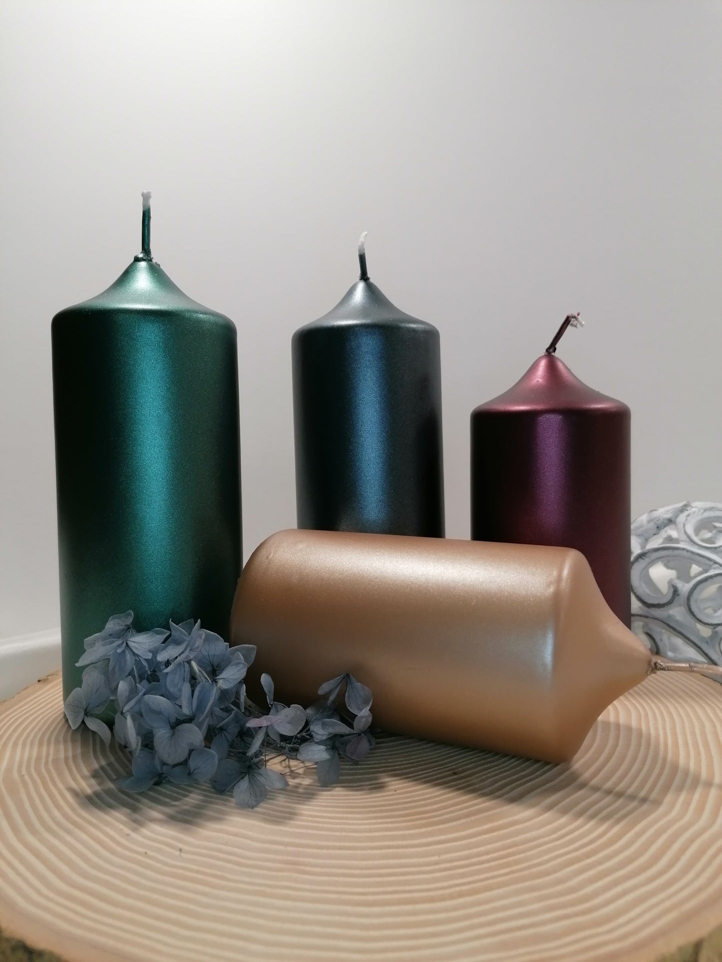 Stumpenkerze gelackt Glänzend – Efeu Metallic (Ø 6 cm x H 15 cm)